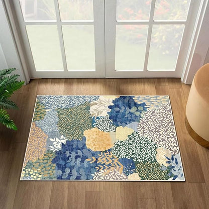 DEXDE 2x3 Area Rug, Small Boho Rugs Entryway Doormat Indoor Machine Washable Non-Slip Abstract Botanical Leaves Floral Print Floor Carpet for Living Room, Bedroom, Office, Kids Playroom,Blue
