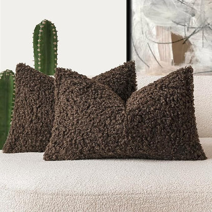 Foindtower Set of 2 Curly Teddy Wool Pillow Covers Decorative Boucle Textured Lumbar Throw Pillow Faux Fur Sherpa Pillowcases Sheepskin Fuzzy Cushion Case for Sofa Bedroom Car 12"x20" Dark Brown