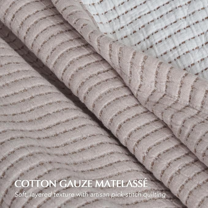 EVERGRACEHOME Cotton Gauze Full Queen Bedspread, Ultra Soft Prewashed Pick Stitch Matelassé Coverlet, Lightweight Textured Oversized Queen Quilt Bedding Set for All Season, with 2 Shams, Rosette Beige