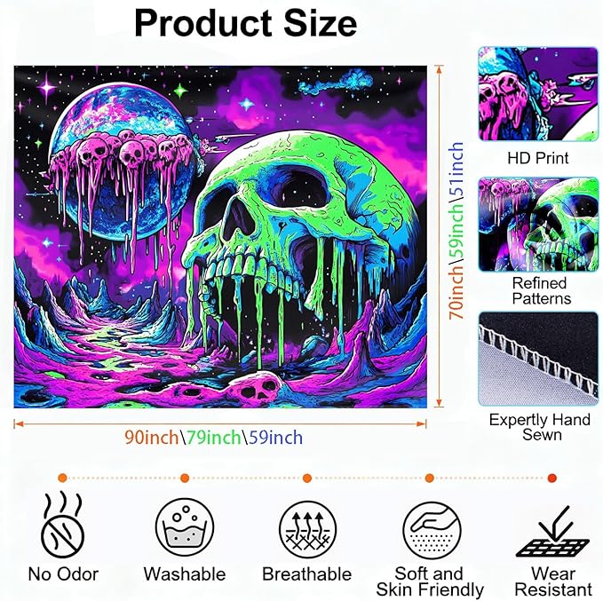 seewan Black Light Melting Skull Tapestry, Glow-in-the-Dark UV Neon Dripping Planet & Skull Tapestry, Psychedelic Space Horror Art Tapestry, Bedroom Dorm Living Room Background Decor