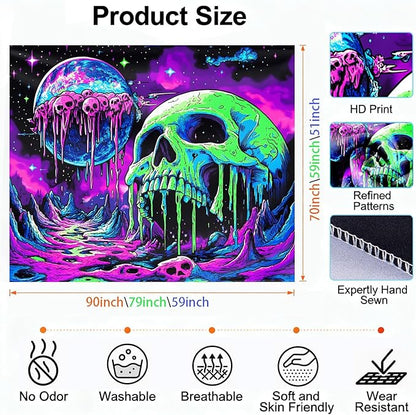 seewan Black Light Melting Skull Tapestry, Glow-in-the-Dark UV Neon Dripping Planet & Skull Tapestry, Psychedelic Space Horror Art Tapestry, Bedroom Dorm Living Room Background Decor