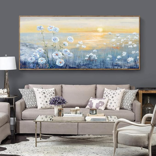 Nicetop Extra Large Framed Blue Ocean Sunset Wall Art Coastal Beach Flowers Canvas Print Sea Sun Natural Seascape Painting Calm Warm Seaside Landscape for Home Bedroom Living Room Office 32x71inch