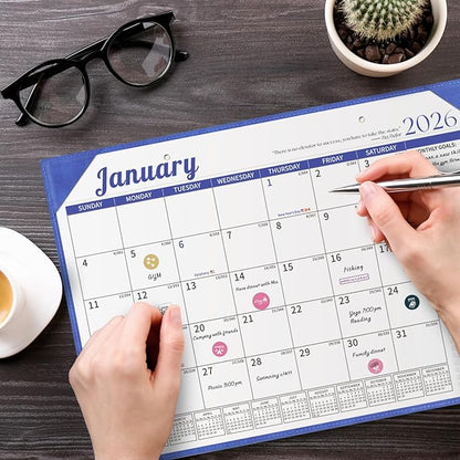 Ospelelf Desk Calendar 2026-2027 Wall Monthly Planner 12"x17" Leather Pad with Protective Cover 18 Months January 2026 - June 2027 Blue