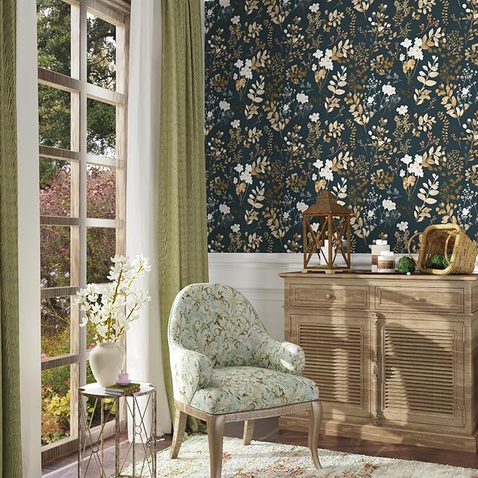 Navy Floral Wallpaper Peel and Stick Boho Wallpaper Vintage Blue/Gold Leaf Contact Paper Waterproof Self Adhesive Modern Wall Paper for Cabinet Walls Kitchen 17.5in x393in