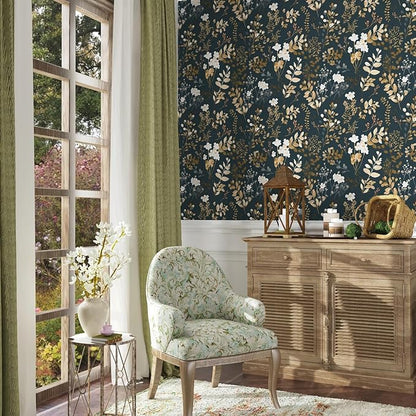 Navy Floral Wallpaper Peel and Stick Boho Wallpaper Vintage Blue/Gold Leaf Contact Paper Waterproof Self Adhesive Modern Wall Paper for Cabinet Walls Kitchen 17.5in x393in
