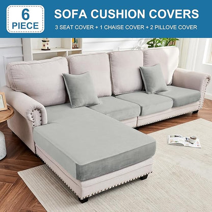 Couch Cover 4-Piece Elastic Velvet Couch Cushion Covers & Chaise Slipcovers for L-Shaped Sofas, Sofa Seat Covers Washable, Soft Cover for Couches (3 Seater + Chaise, Light Grey)