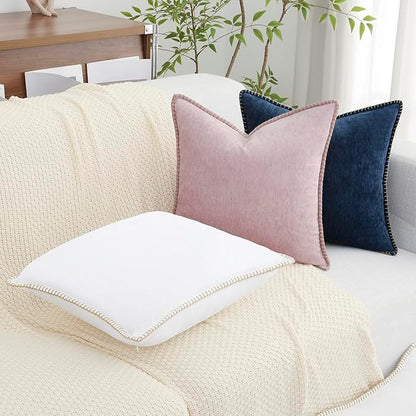 decorUhome Spring Chenille Soft Throw Pillow Covers 22x22 Set of 2, Farmhouse Velvet Neutral Decorative Euro Sham Pillow Covers with Stitched Edge for Couch Sofa Bed Home Decor, White