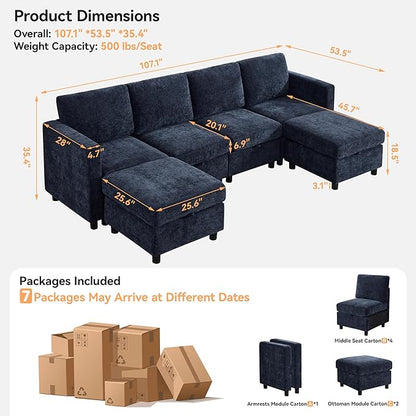 107'' Modular Sectional Sofa Convertible U Shaped Sofa Couch Set with Storage for Living Room, Modern 6 Seater Modular Sectional Couch with Movable Ottoman, Chenille Navy