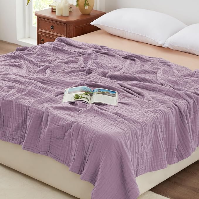 Love's cabin 6 Layer 100% Cotton Muslin Blanket, 90"x90" Muslin Blanket Queen for Couch Bed, Lightweight and Breathable Cotton Gauze for Adult, Lavender