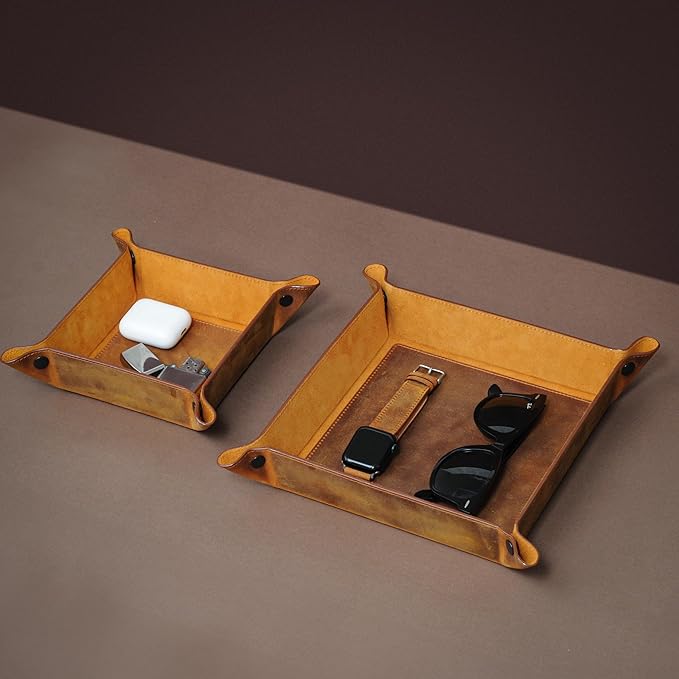 Handmade Leather Catch All Tray and Organizer for Keys, Phones, Jewels, Coins, Square - Small, Deep Black