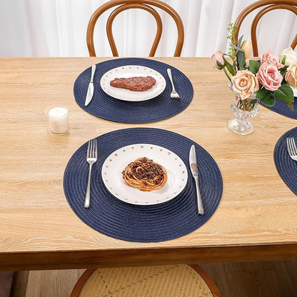 SHACOS 15 inch Navy Blue Round Placemats Set of 12 for Dining Table Woven Braided Circle Place Mats Kitchen Placemat Washable Table Mats