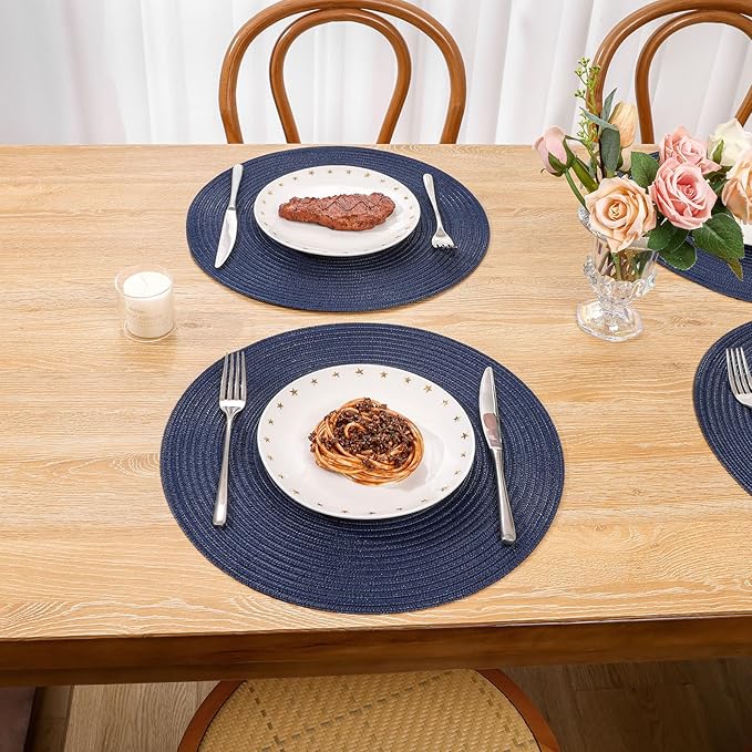 SHACOS Round Placemats Set of 8 Washable 15 inch Round Table Mats Cotton Polyester Woven Braided Place Mats for Dining Table, Navy