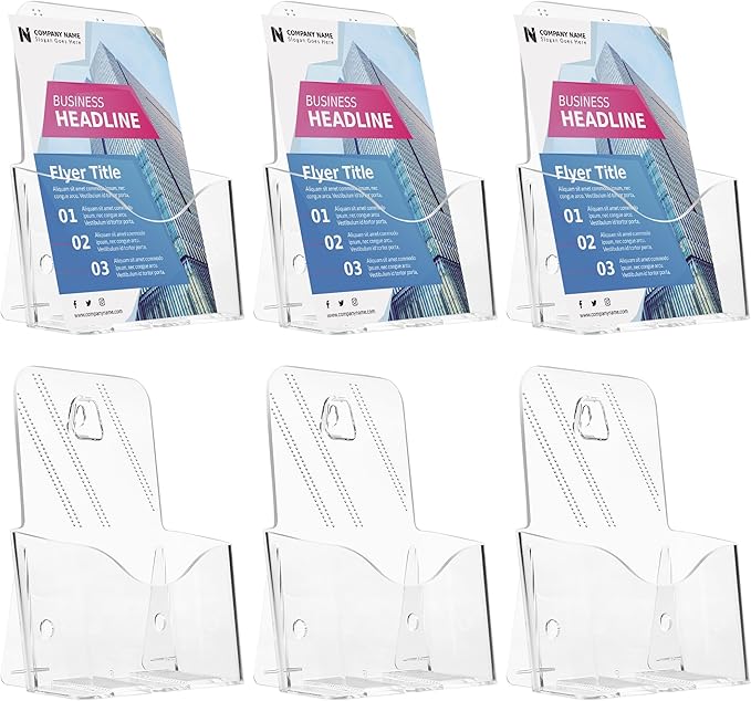 Acrylic Brochure Holder 6 x 8 Inches, 6-Pack Clear Plastic Display Stand for Half-Fold Flyers, Pamphlets, Menus, Trifold Literature, Wall Mount or Countertop Use