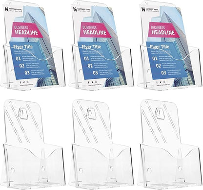 Acrylic Brochure Holder 6 x 8 Inches, 6-Pack Clear Plastic Display Stand for Half-Fold Flyers, Pamphlets, Menus, Trifold Literature, Wall Mount or Countertop Use