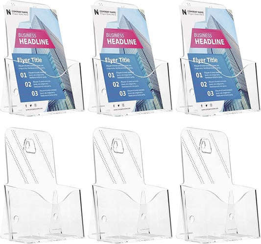 Acrylic Brochure Holder 6 x 8 Inches, 6-Pack Clear Plastic Display Stand for Half-Fold Flyers, Pamphlets, Menus, Trifold Literature, Wall Mount or Countertop Use