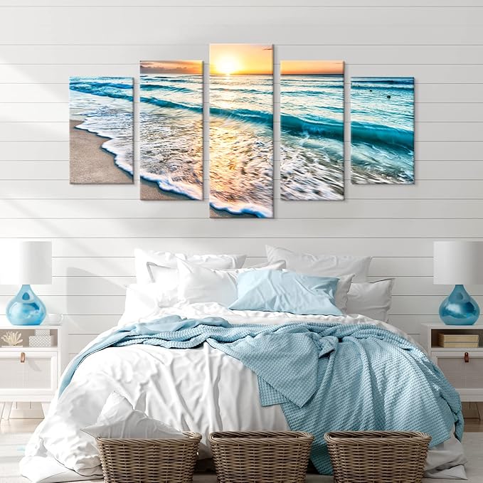 Goldfoilart 5 Pieces Beach Coastal Wall Art Sea Sunset Seascape Pictures Ocean Photography Canvas Large Horizontal Landscape Multi Framed Artwork for Bedroom Living Room Bathroom Wall Decor