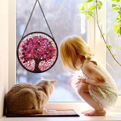 DASTOLL Stained Glass Window Hanging, Pink Love Tree of Life Sun Catchers Colorful Glass Panel Suncatcher Decor for Birthday for Women, Men, Wife, Lovers, and Mom 11.8x11.8 in