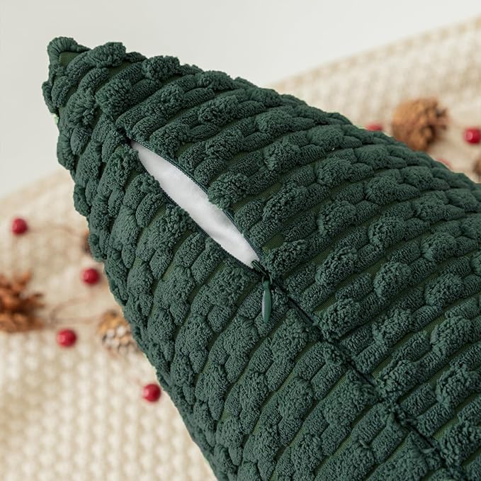 Kevin Textile Christmas Decorative Pillow Covers Set of 2 Striped Plush Corduroy Pillows Pillowcases Boho Home Decor Cushion Covers for Couch Sofa Bed Living Room 18x18 Inch, Army Green