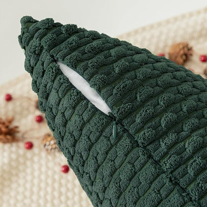 Kevin Textile Christmas Decorative Pillow Covers Set of 2 Striped Plush Corduroy Rectangle Lumbars Boho Home Decor Cushion Covers for Couch Sofa Bed Living Room 12x20 Inch, Army Green