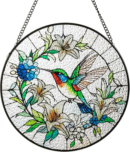 Sun Catcher Stained Glass Window Hanging 8 inch Birds & Flowers Suncatcher Wall Art Home Decor Sun Catchers Decoration for Garden Home Housewarming Gifts