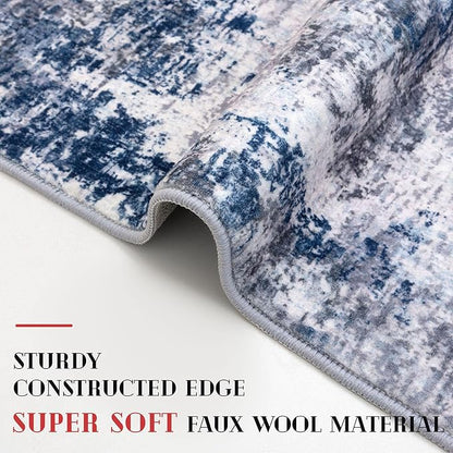 Modern Abstract Runner Rug 2x5, Grey Navy Blue Multi Washable Kitchen Runner Entryway Rug Mat Non-Slip Soft Hallway Rug Runner Thin Print Faux Wool Carpet for Bedroom Laundry Room Indoor