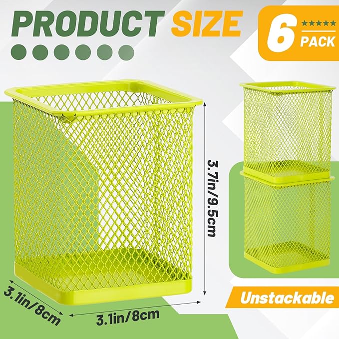 Segarty Pen Cup Holder, 6 Pack Square Light Green Pen Holder for Desk, Cute Mesh Pencil Cups Containers for Marker, Office Supply, School Students, Home, Desktop Accessories Storage Organizer