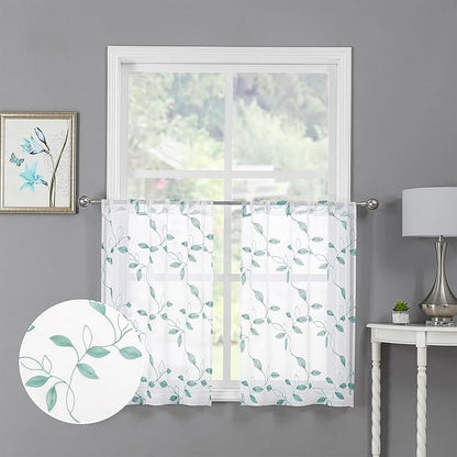 Tollpiz Teal Blue Leaf Sheer Tier Curtains Leaves Embroidered Kitchen Short Curtain Rod Pocket Voile Bathroom Curtains for Cafe, 30 x 24 inches Long, Set of 2 Panels