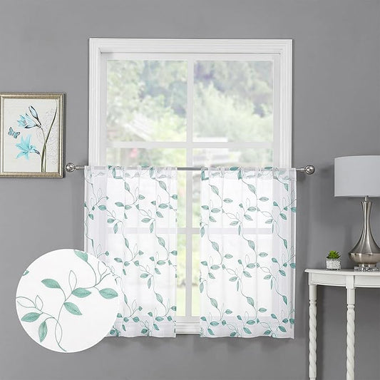Tollpiz Teal Blue Leaf Sheer Tier Curtains Leaves Embroidered Kitchen Short Curtain Rod Pocket Voile Bathroom Curtains for Cafe, 30 x 24 inches Long, Set of 2 Panels