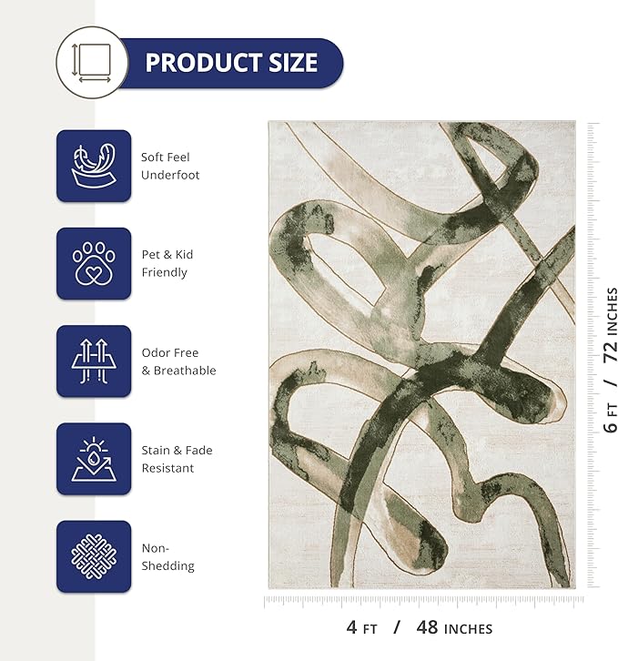 Abani Beige Cream Green Graffiti Washable Area Rug – 4' x 6' – Abstract Artistic Design – Ivy Collection – Non-Shedding, Easy to Clean – Durable for High Traffic Areas – Living Room & Bedroom