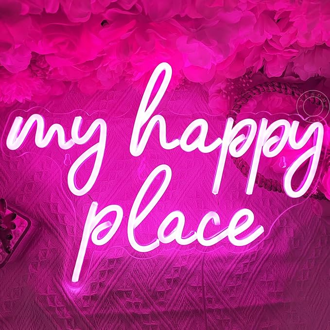 SYLHOME Pink My Happy Place LED Neon Light Sign USB Girls Babys Bedroom Living Room Kitchen Wall Decor Sign Wedding Birthday Party Sign Christmas Gifts 15.8" X 11.2" 5V Teens