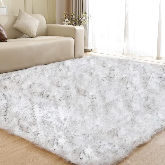 Gray and White Area Rug 6x9 Rugs for Bedroom Fuzzy Plush Large Sheepskin Washable Fluffy Fur Rug for Living Room Nursery Rug