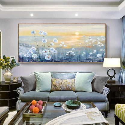 Nicetop Extra Large Framed Blue Ocean Sunset Wall Art Coastal Beach Flowers Canvas Print Sea Sun Natural Seascape Painting Calm Warm Seaside Landscape for Home Bedroom Living Room Office 32x71inch