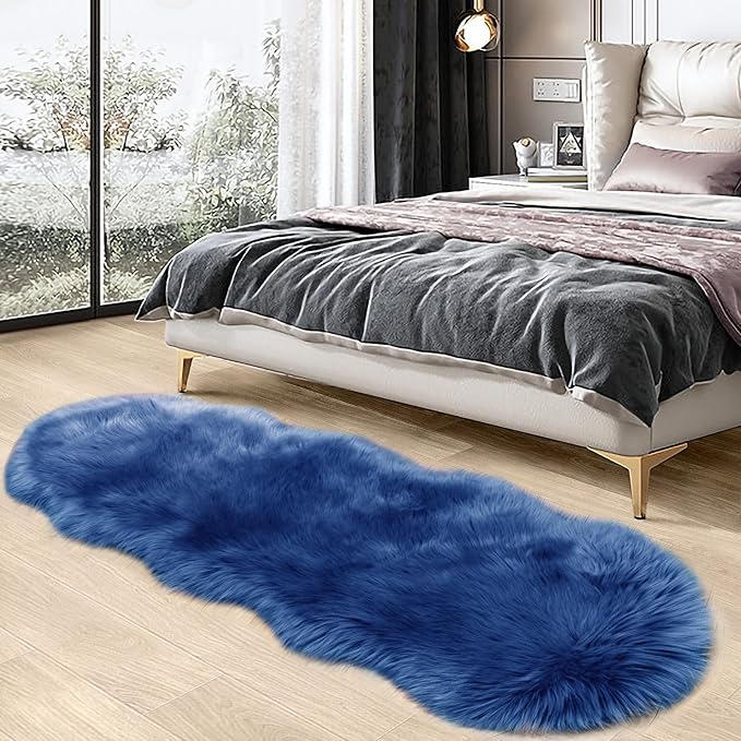 SERISSA Ultra Soft Fluffy Rug Dark Blue Faux Sheepskin Fur Rug Shaggy Couch Cover Furry Carpet for Kids Room Bedroom Living Room Runner, 2x6 Feet (Sheepskin Shape,Dark Blue)