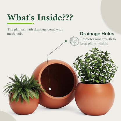 DTY Signature Mount Sherman Modern Indoor Outdoor Fiberstone Sphere Planter, Durable Round Garden Pot, Weather Resistant, Drainage Hole & Rubber Plug - Small, Terracotta