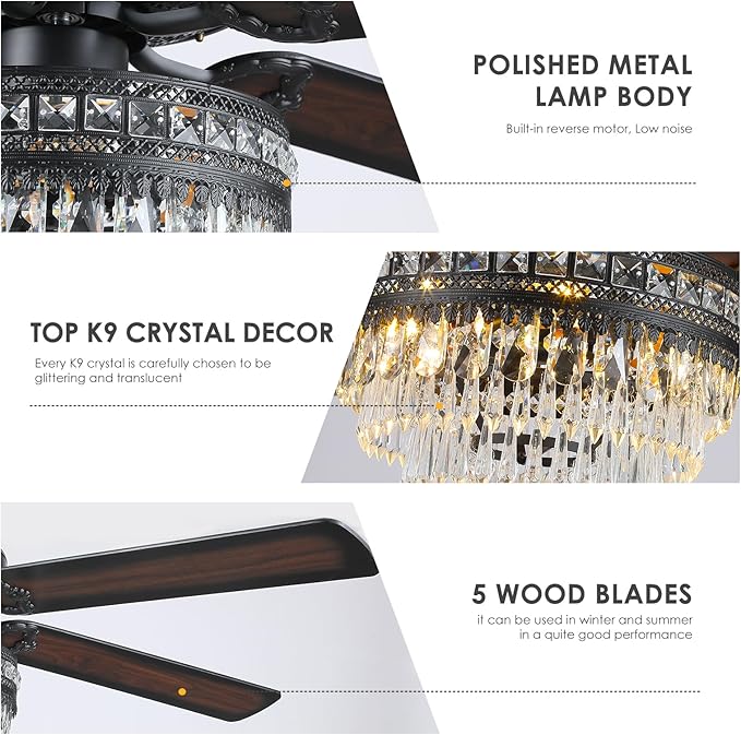 Asyko Crystal Ceiling Fan Fandelier with Lights - Modern Outdoor Fans with Remote Control，Noiseless DC Motor, Retro/Farmhouse Lighting, Dining Room， Living Room (62")