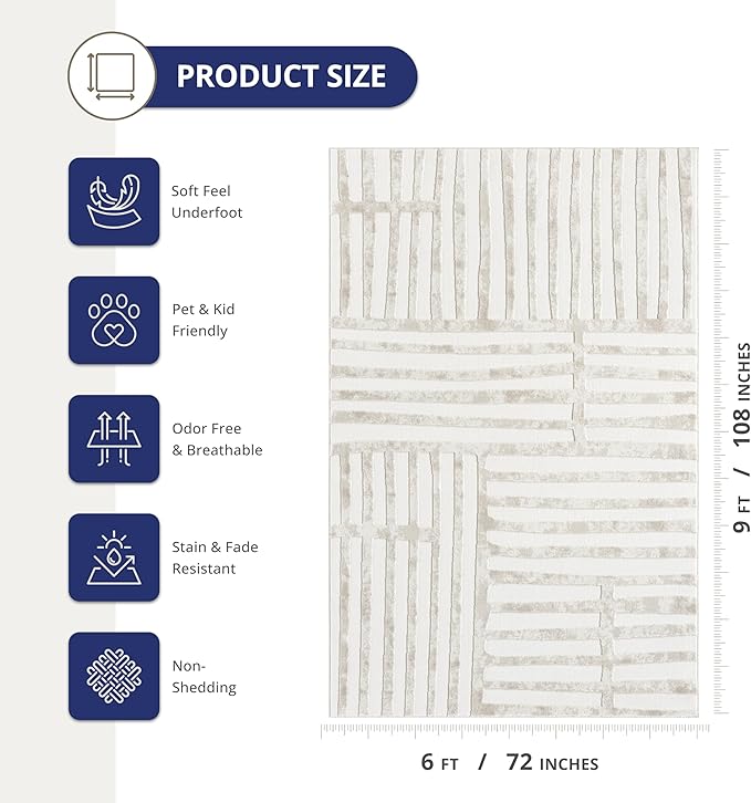 Abani Beige Area Rug - 6' x 9' - Living Room & Bedroom - Abstract Stripe Design - Indoor Use - Easy to Clean, Stain Resistant, Non-Shedding - Neutral Collection