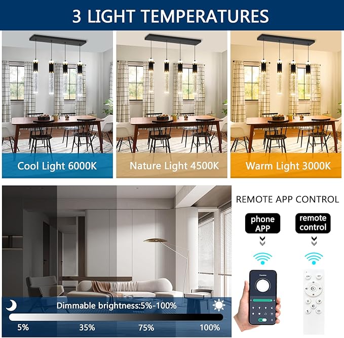 4-Lights Modern Crystal Chandeliers for Kitchen Island LED Dimmable Pendants Lighting Fixture LED Ceiling Light for Dining Room