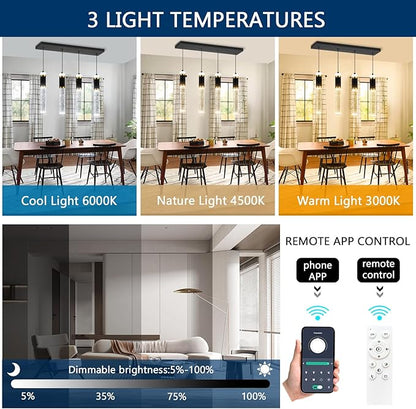 4-Lights Modern Crystal Chandeliers for Kitchen Island LED Dimmable Pendants Lighting Fixture LED Ceiling Light for Dining Room