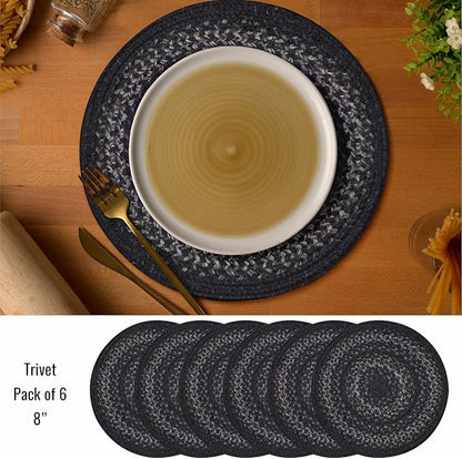 Homespice Jet Black Jute Braided Kitchen Trivets for Hot Dishes, Warm Primitive Decor, Set of 6, 8" Round Heat Resistant Mat - Rich Colors, Easy to Clean, Durable and Protects Furniture