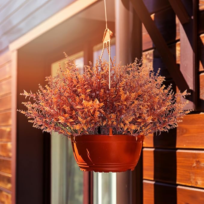 RECUTMS Outdoor Faux Plants Fall Fake Lavender Plants UV Resistant Artificial Greenery Artificial Flowers Indoor 8Pcs Fake Outside Flowers for Balcony Window Garden Thanksgiving Decorations (Brown)