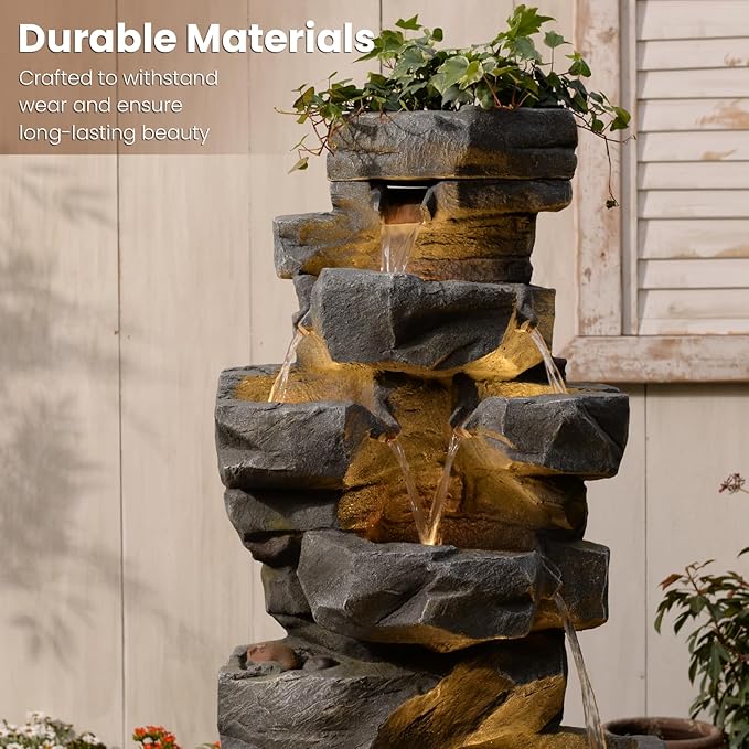 58" H Outdoor Water Fountain with 7 Tiers New Upgraded Large Cascading Realistic Rock Waterfall Fountains with Lights Outdoor Water Fountain for Garden Patio Backyard Porch Home Decor