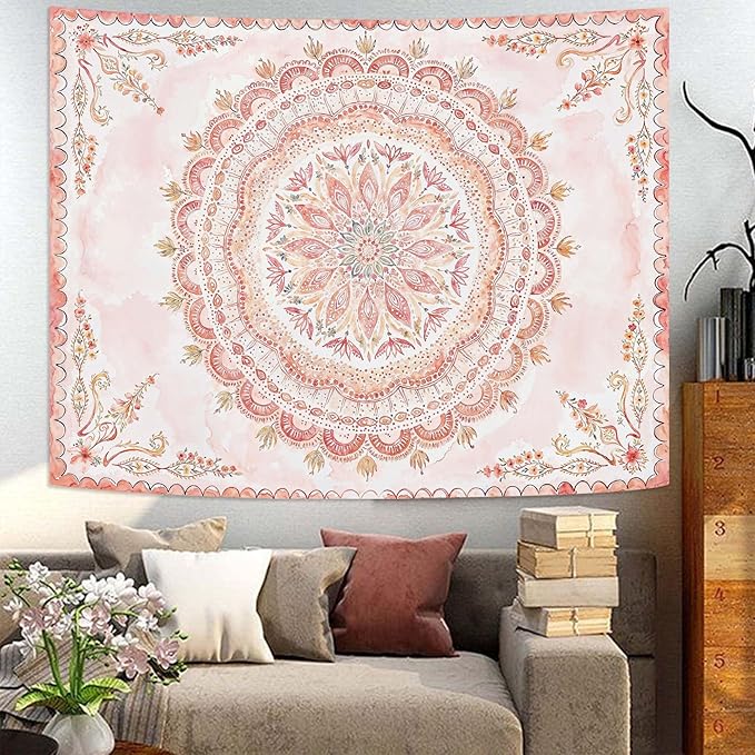 Fowocu Boho Floral Mandala Tapestry Wall Hanging Pink Bohemian Flower Medallion Tapestry Aesthetic Watercolor Hippie Indian Small Tapestries for Bedroom Living Room Dorm Decor 48 x 36 Inch