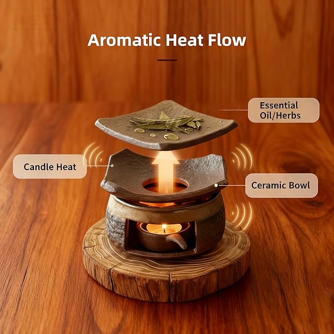 Ceramic Aromatherapy Stove Essential Oil Burner, Cedar and Zen Inspired Smudge Pot Oil Burner for Home Fragrance, Handmade Wax Melt Warmer, Meditation & Relaxation Décor, (1)