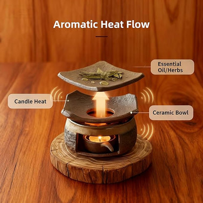 Ceramic Aromatherapy Stove Essential Oil Burner, Cedar and Zen Inspired Smudge Pot Oil Burner for Home Fragrance, Handmade Wax Melt Warmer, Meditation & Relaxation Décor, (1)