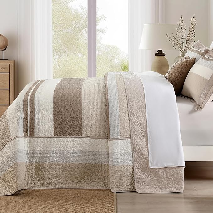 SahSahCasa 128"x120" 100% Cotton Oversized California King Bedspread Coverlet Striped Quilt Set, Cal King Quilted Bedspread Extra Large Quilt, XL Bed Spread Lightweight Comforter, Brown/Camel/Cream