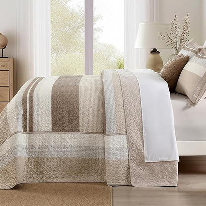 SahSahCasa 128"x120" 100% Cotton Oversized California King Bedspread Coverlet Striped Quilt Set, Cal King Quilted Bedspread Extra Large Quilt, XL Bed Spread Lightweight Comforter, Brown/Camel/Cream