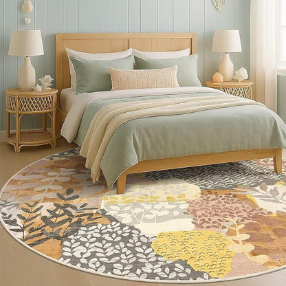 DEXDE Large Round Rug 9ft Washable Circle Area Rugs Non Slip Low Pile Boho Floral Circular Carpet for Bedroom Bathroom Entryway Kids Room Office Dining Room,Camel