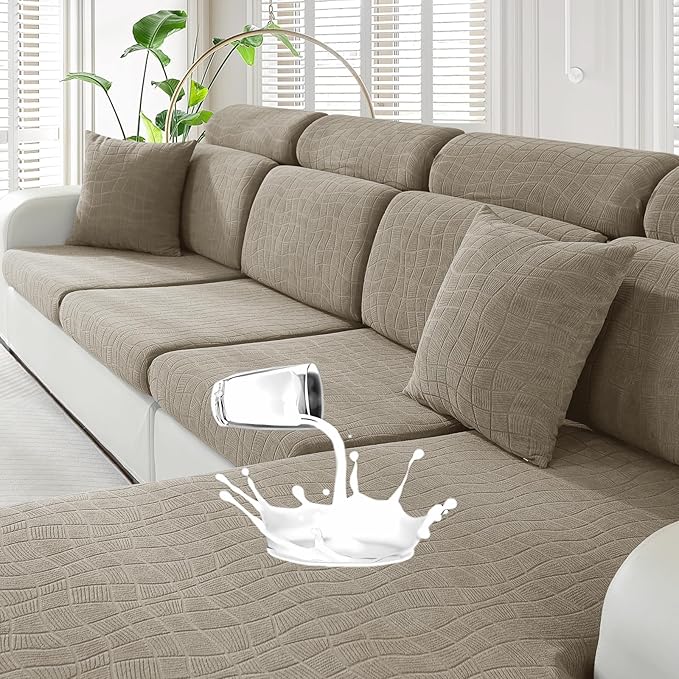 MAXIJIN Waterproof 4 Pieces Couch Cushion Covers for Sectional Sofa Seat Slipcover Stretch Sectional Couch Cover for L Shape Left/Right Chaise with Elastic Bottom (3 Seater + 1 Chaise, Khaki)