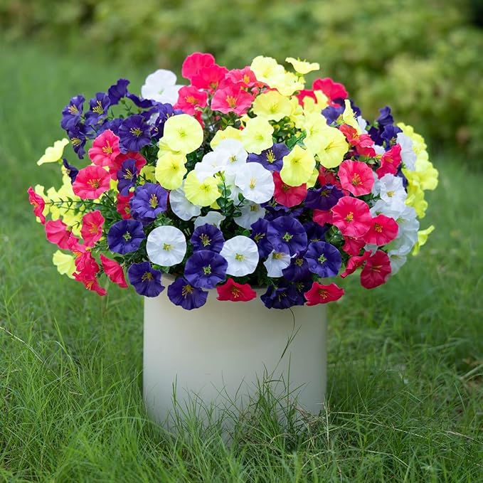 Spring Summer Mix Color Artificial Morning Glory, 12 Bundles Artificial Flowers for Outdoors Decorations UV Resistant Realistic Silk Flowers for Patio Home Decor Garden Planter Window Box Yard