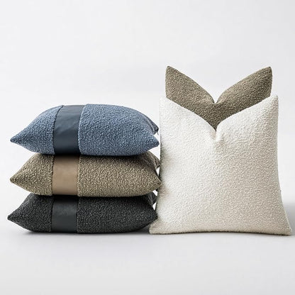 20"x20" Denim Blue Boucle Throw Pillow Covers with Faux Leather Accents Set of 2 Fluffy Textured Decorative Pillow Cases for Couch Bed Boho Farmhouse Square Cushion Covers for Nordic Home